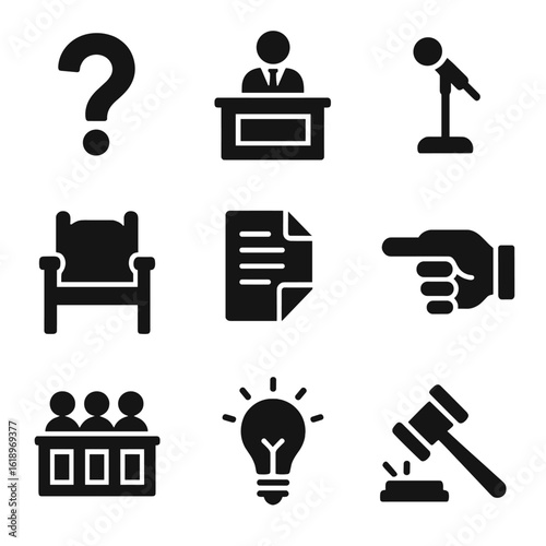 Legal Icon Set. Solid, filled icon set of legal questioning: question mark, lawyer’s desk, microphone stand, witness chair, legal