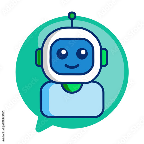 Cute AI Chatbot Cartoon Icon – Smiling Face in Speech Bubble, Blue & Green Flat Vector