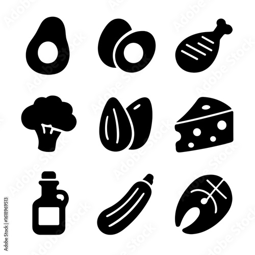 Low-Carb Food Icons. Solid, filled icon set of low-carb diet foods: avocado, eggs, grilled chicken, broccoli, almonds, cheese