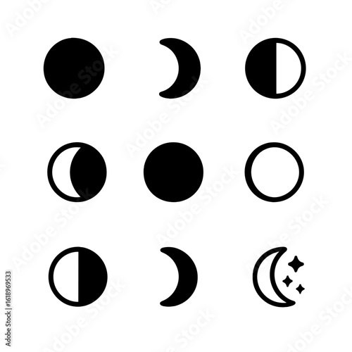 Lunar Phases Icons. Solid, filled icon set of lunar phases: new moon, waxing crescent, first quarter, waxing gibbous, full moon,