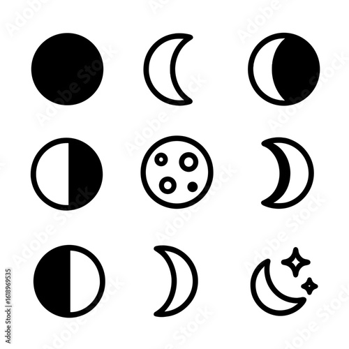 Lunar Phases Icons. Solid, filled icon set of lunar phases: new moon, waxing crescent, first quarter, waxing gibbous, full moon,