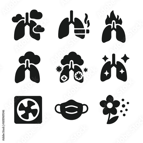 Lung Impact Icon Set. Solid, filled icon set of environmental impact on lungs: air pollution, smoking icon, wildfire smoke,