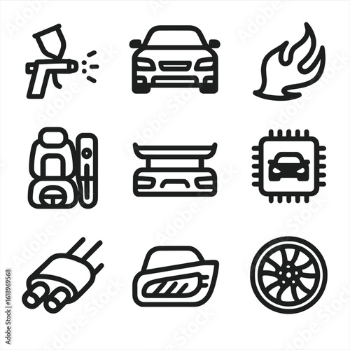 Luxury Car Icon Set. Solid, filled icon set of luxury car customization: paint spray gun, body kit, custom decals, interior trim,