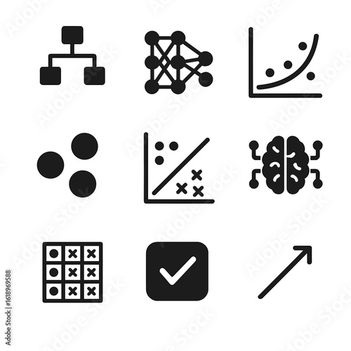 Machine Learning Icons. Solid, filled icon set of machine learning tools: decision tree, neural network, regression curve,