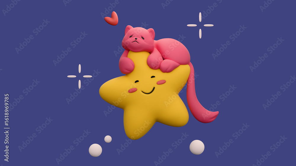 Naklejka premium 3d rendering of stylized cute fluffy pink cartoon sleeping cat lying down hugging yellow kawaii star with its paws, floating in space. Star with smiling face, eyes, red cheeks on dark blue background.