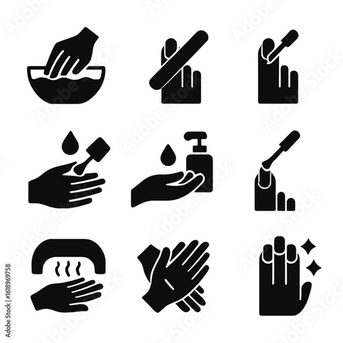 Manicure Steps Icons. Solid, filled icon set of Soft manicure steps: soaking, filing, buffing, cuticle care, moisturizing,