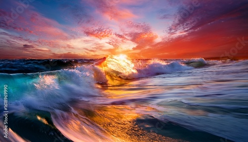 vibrant abstract ocean waves with fiery sunset colors and dynamic movement