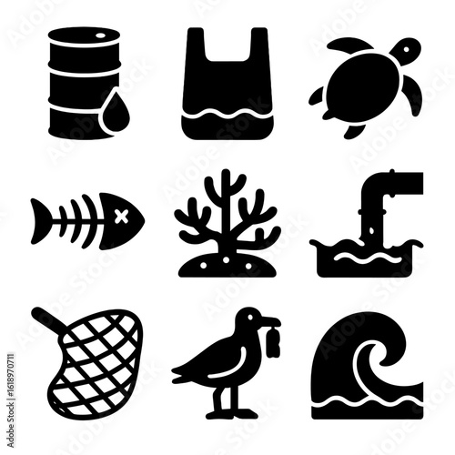 Marine Pollution Icons. Solid, filled icon set of marine pollution effects: oil barrel, plastic bag, sea turtle, fish skeleton,