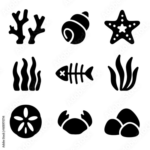 Marine Icon Grid. Solid, filled icon set of remains in marine biology: coral fragments, seashells, starfish skeleton, algae, fish