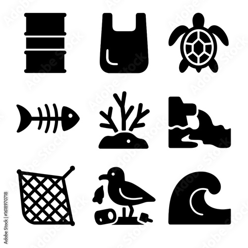 Marine Pollution Icons. Solid, filled icon set of marine pollution effects: oil barrel, plastic bag, sea turtle, fish skeleton,