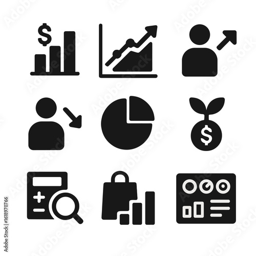 Market Metrics Icons. Solid, filled icon set of market performance metrics: revenue chart, profit graph, customer growth, churn