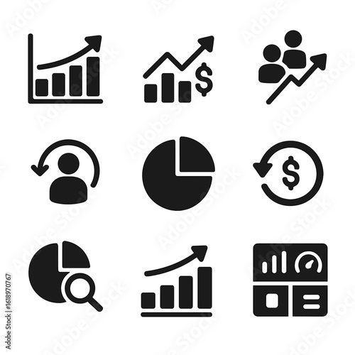 Market Metrics Icons. Solid, filled icon set of market performance metrics: revenue chart, profit graph, customer growth, churn