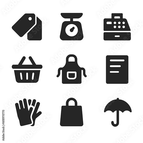 Market Tools Icons. Solid, filled icon set of market tools and accessories: price tags, scales, cash box, shopping basket, vendor