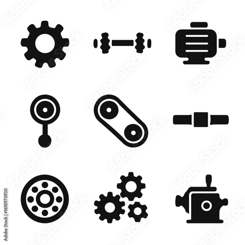 Mechanical Gear Icons. Solid, filled icon set of gear system: gear wheel, axle, motor, pulley, belt, shaft, bearing, transmission,