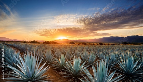 agaves field at sunset