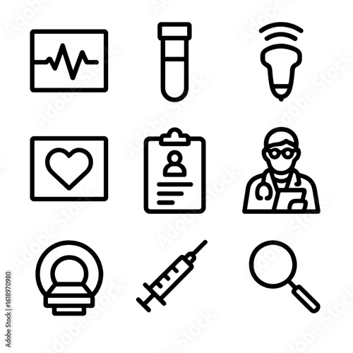 Medical Test Icons. Solid, filled icon set of medical tests and diagnostics: ECG printout, blood test vial, ultrasound probe,