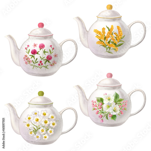 Set of home teapots with floral patterns, watercolor illustrations