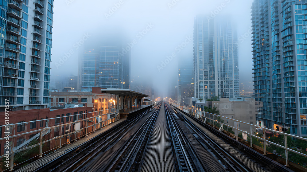 Fototapeta premium Elevated Train Tracks Vanishing into Morning Fog in Cityscape