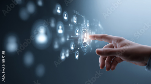 Hand reaching toward floating access level rings above digital user profiles