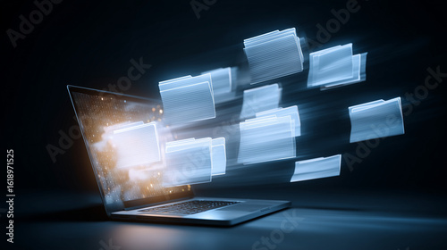 Laptop projecting 3D document folders opening and closing in air