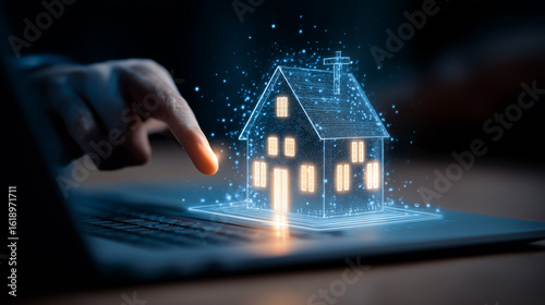digital home valuation interface hovering over a glowing laptop