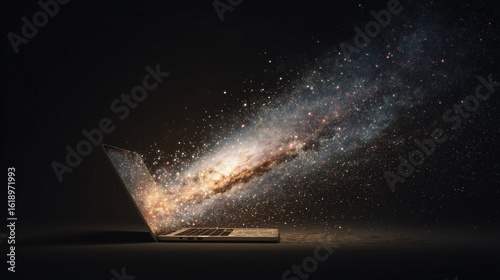 half-open laptop revealing galaxy inside, stars spilling out