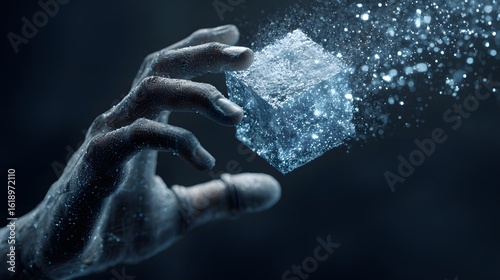 Cybernetic hand reaching for floating AI hologram cube