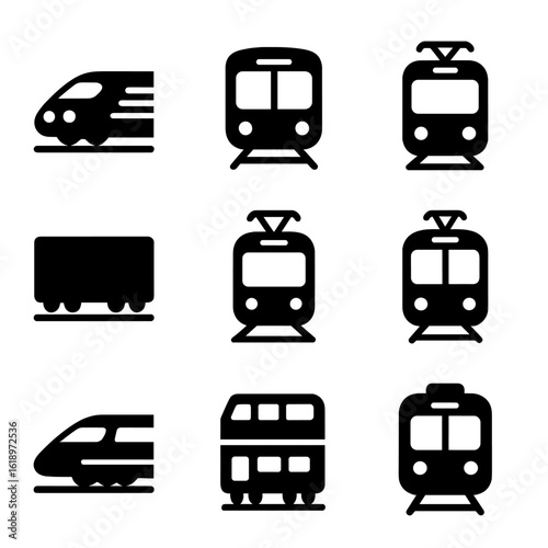 Metro Train Icons. Solid, filled icon set of Metro train types: express train, local train, driverless train, cargo train, light