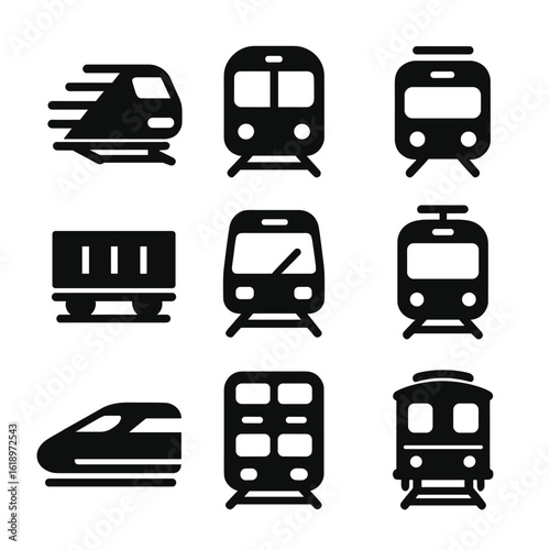 Metro Train Icons. Solid, filled icon set of Metro train types: express train, local train, driverless train, cargo train, light