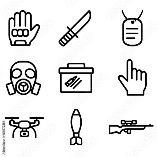 Military Equipment Icons. Solid, filled icon set of storming enemy territory: tactical gloves, combat knife, soldier dog tag, gas