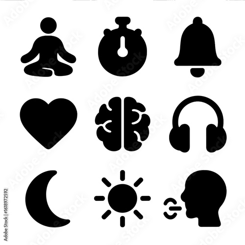 Mindfulness App Icons. Solid, filled icon set of focus and mindfulness apps: meditation pose, timer, bell, heart, brain,