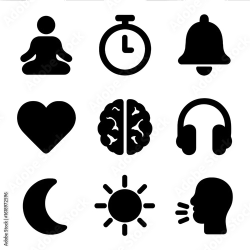 Mindfulness App Icons. Solid, filled icon set of focus and mindfulness apps: meditation pose, timer, bell, heart, brain,