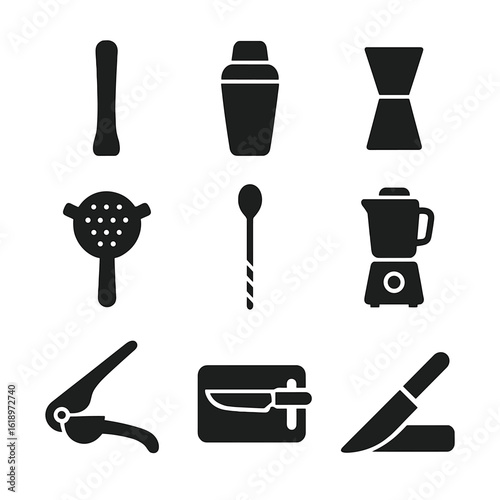 Mocktail Tool Icons. Solid, filled icon set of mocktail preparation tools: muddler, shaker, jigger, strainer, spoon, blender,