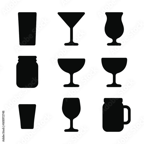 Mocktail Glass Icon Set. Solid, filled icon set of mocktail glassware: highball glass, martini glass, hurricane glass, mason jar,