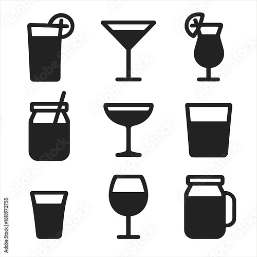 Mocktail Glass Icon Set. Solid, filled icon set of mocktail glassware: highball glass, martini glass, hurricane glass, mason jar,