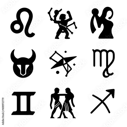 Modern Constellation Icons. Solid, filled icon set of modern constellation interpretations: minimalist Leo, stylized Orion,