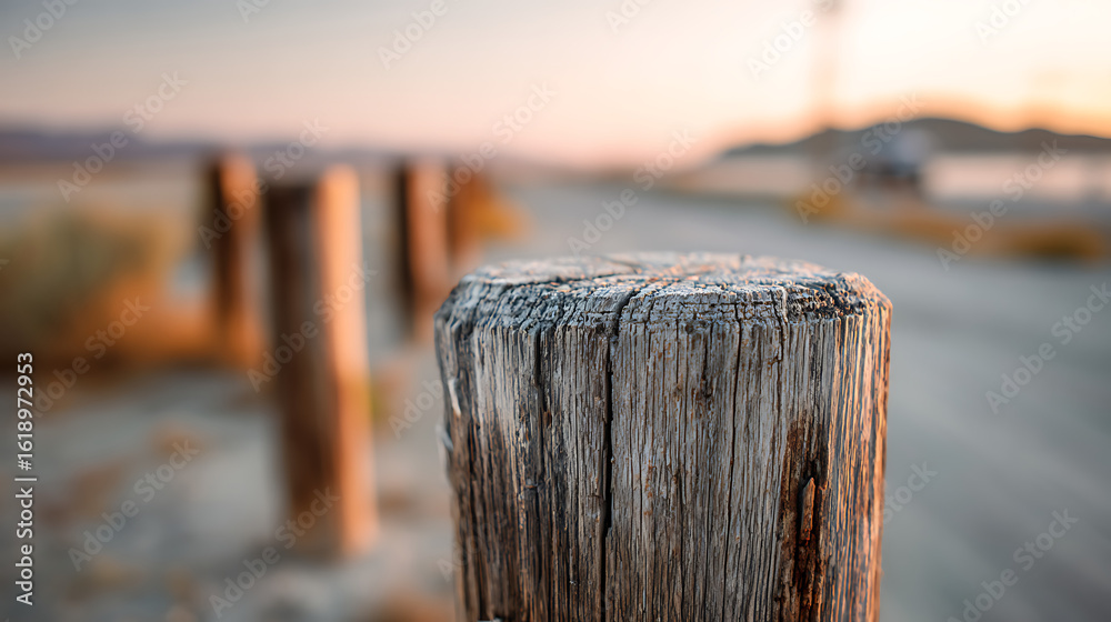 Fototapeta premium Weathered wooden post with cracked surface against a blurred landscape at sunset cracked texture rustic