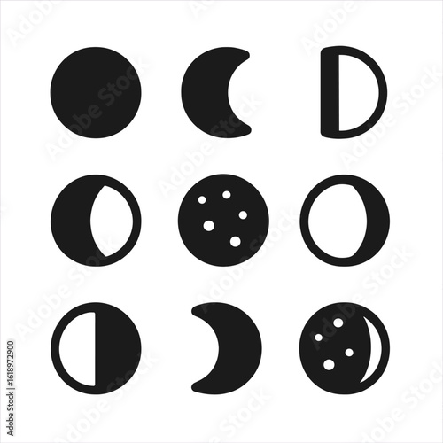 Moon Phases Icons. Solid, filled icon set of moon phases: new moon, waxing crescent, first quarter, waxing gibbous, full moon,