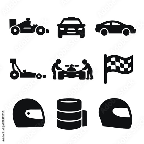 Motorsport Icon Set. Solid, filled icon set of motorsports cars: Formula 1 car, rally car, NASCAR, dragster, GT car, pit stop icon