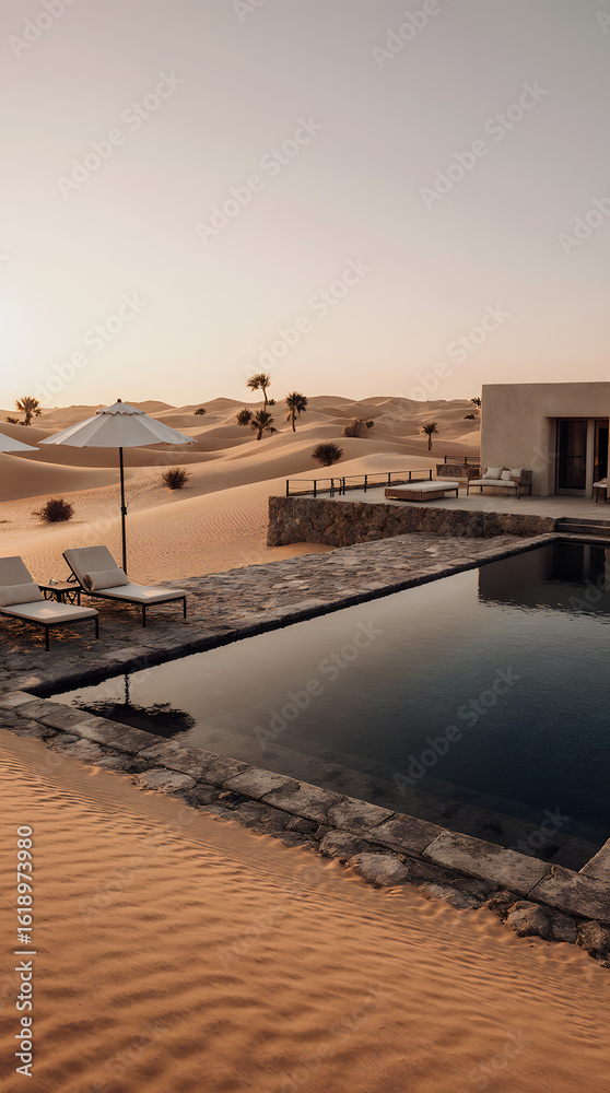 Fototapeta premium An ultra-modern, minimalist concrete mansion stands alone in a vast, silent desert.