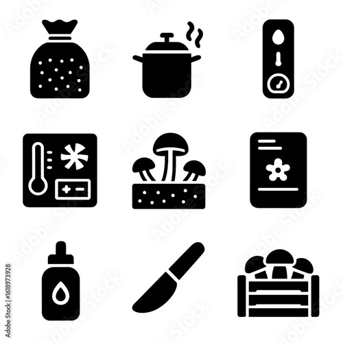 Mushroom Cultivation Icons. Solid, filled icon set of mushroom cultivation equipment: spawn bag, sterilizer, humidity sensor,