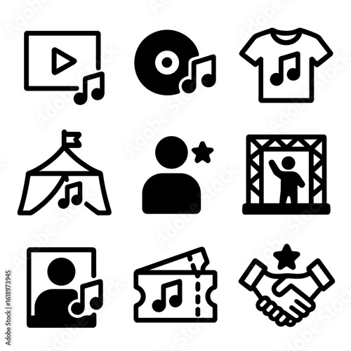 Music Branding Icons. Solid, filled icon set of music marketing and branding: music video, album launch, artist merch, music