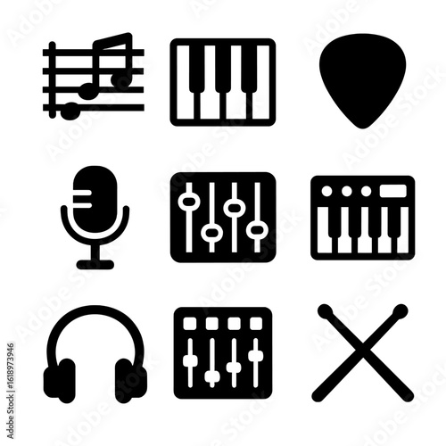 Music Creation Icons. Solid, filled icon set of music creation: musical scale, keyboard, guitar pick, microphone, sound mixer,