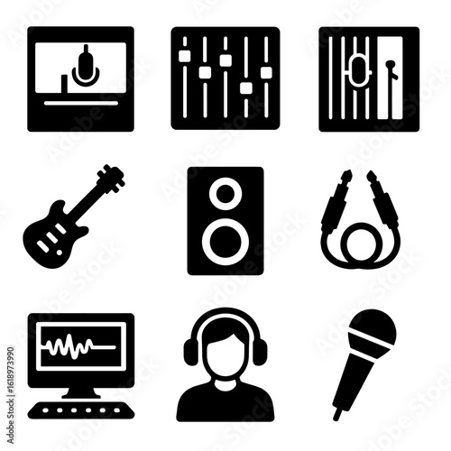 Music Production Icons. Solid, filled icon set of elements for musical production: recording studio, soundboard, vocal booth,