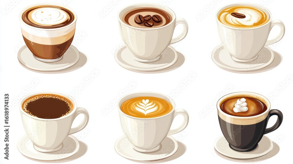 Obraz premium Various Coffee Cups with Different Types of Coffee Beverages