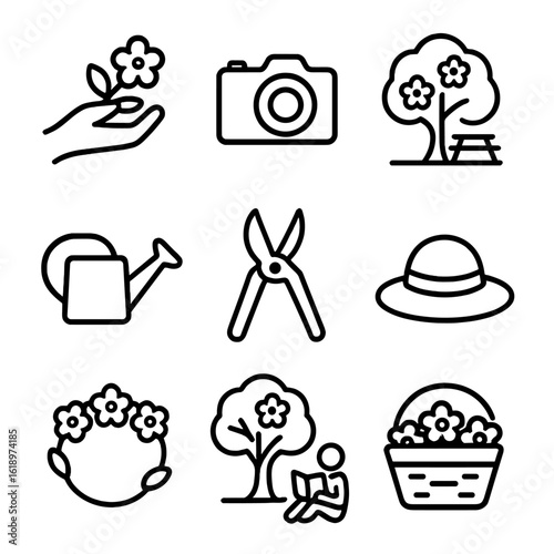 Nature Interaction Icons. Solid, filled icon set of Human interaction with blooming trees: hand touching flower, camera capturing