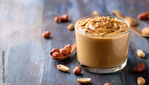 creamy peanut butter dessert drink with crunchy nut topping