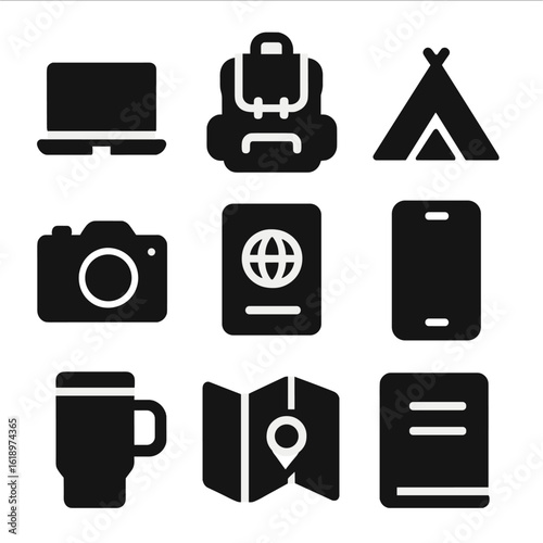 Nomadic Lifestyle Icons. Solid, filled icon set of nomadic lifestyle: computer, backpack, tent, camera, passport, phone, travel