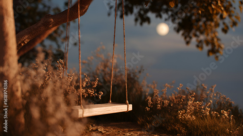 A rustic rope swing hangs suspended from a tree branch under the soft glow of a moonlit evening sky.