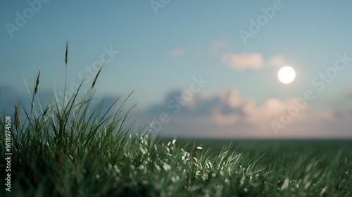 Serene grassy field with sun, sky, and clouds, creating a peaceful outdoor scene. Sunny day on grass.
